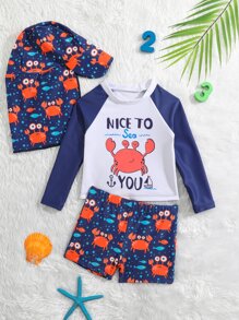 Baby Boy Cartoon Graphic Beach Swimsuit With Swim Cap - Navy Blue - View 1