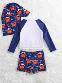 Baby Boy Cartoon Graphic Beach Swimsuit With Swim Cap - Navy Blue - View 2