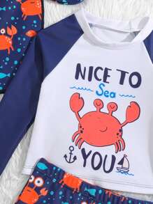 Baby Boy Cartoon Graphic Beach Swimsuit With Swim Cap - Navy Blue - View 3