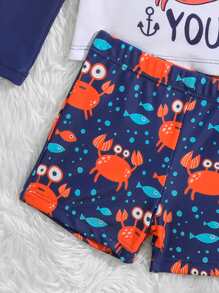 Baby Boy Cartoon Graphic Beach Swimsuit With Swim Cap - Navy Blue - View 4