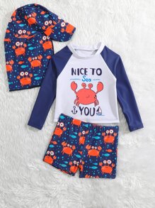 Baby Boy Cartoon Graphic Beach Swimsuit With Swim Cap - Navy Blue - View 5