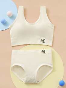 Tween Girl Butterfly Print Bra & Panty Set - Beige - View 1