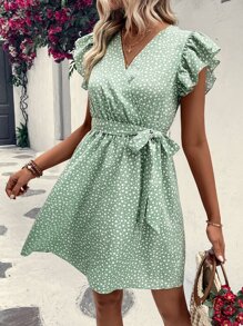 Breezaya 滿版心形印花蝴蝶袖繫腰帶洋裝 - 綠色 - 查看 1