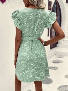 Breezaya 滿版心形印花蝴蝶袖繫腰帶洋裝 - 綠色 - 查看 2