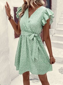 Breezaya 滿版心形印花蝴蝶袖繫腰帶洋裝 - 綠色 - 查看 3