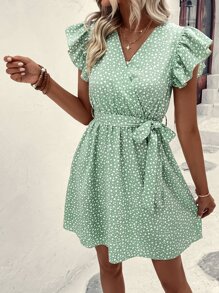 Breezaya 滿版心形印花蝴蝶袖繫腰帶洋裝 - 綠色 - 查看 4