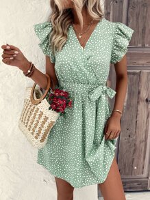 Breezaya 滿版心形印花蝴蝶袖繫腰帶洋裝 - 綠色 - 查看 5