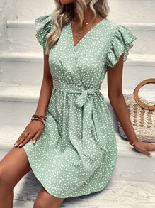 Breezaya 滿版心形印花蝴蝶袖繫腰帶洋裝 - 綠色 - 查看 6