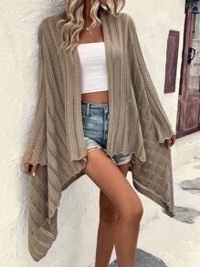Solid Scallop Trim Asymmetrical Hem Kimono For Summer Beach Vacation - Khaki - View 4