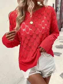 Breezaya Solid Pointelle Knit Jumper - Red - View 4