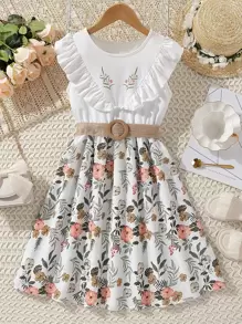 SHEIN Vestido eleg nte de niña con estampado floral sin mangas con corte en A y volantes en el dobladillo, incluye cinturón - Multicolor - Ver 1