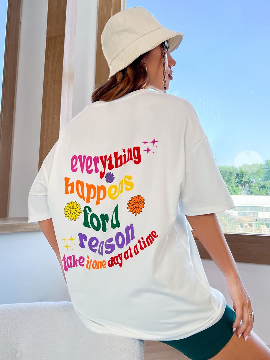 SHEIN Unity Camiseta amplia con estampado de slogan de hombros caídos - Blanco - Ver 1