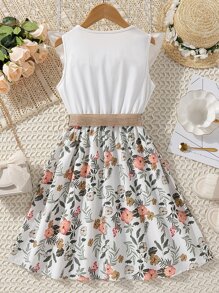 SHEIN Vestido eleg nte de niña con estampado floral sin mangas con corte en A y volantes en el dobladillo, incluye cinturón - Multicolor - Ver 2