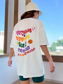 SHEIN Unity Camiseta amplia con estampado de slogan de hombros caídos - Blanco - Ver 4