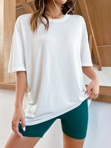 SHEIN Unity Camiseta amplia con estampado de slogan de hombros caídos - Blanco - Ver 5