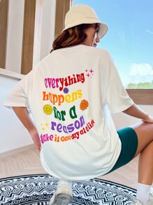SHEIN Unity Camiseta amplia con estampado de slogan de hombros caídos - Blanco - Ver 2