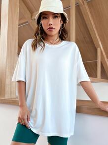 SHEIN Unity Camiseta amplia con estampado de slogan de hombros caídos - Blanco - Ver 6