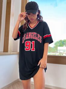 SHEIN Unity 字母圖案落肩T恤洋裝 - 黑色 - 查看 4
