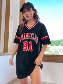 SHEIN Unity 字母圖案落肩T恤洋裝 - 黑色 - 查看 5