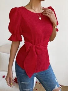 SHEIN Privé Solid Flounce Sleeve Tie Front Blouse - Red - View 1