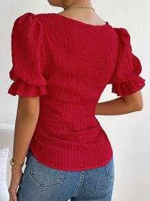 SHEIN Privé Solid Flounce Sleeve Tie Front Blouse - Red - View 2