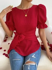 SHEIN Privé Solid Flounce Sleeve Tie Front Blouse - Red - View 3