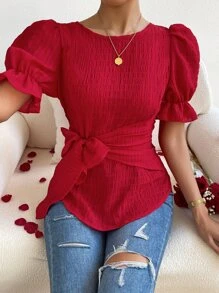SHEIN Privé Solid Flounce Sleeve Tie Front Blouse - Red - View 4