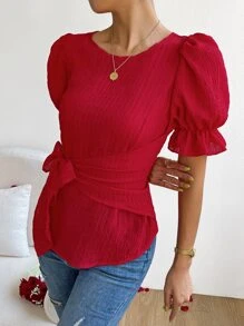 SHEIN Privé Solid Flounce Sleeve Tie Front Blouse - Red - View 5