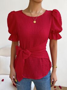 SHEIN Privé Solid Flounce Sleeve Tie Front Blouse - Red - View 6