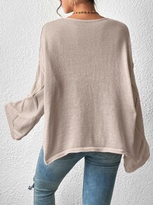 SHEIN Essnce Jersey tejido de cable de cuello V de hombros caídos - Albaricoque - Ver 4