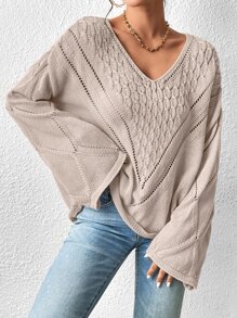 SHEIN Essnce Jersey tejido de cable de cuello V de hombros caídos - Albaricoque - Ver 1