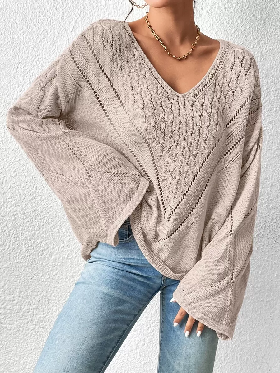 SHEIN Essnce Jersey tejido de cable de cuello V de hombros caídos - Albaricoque - Ver 1