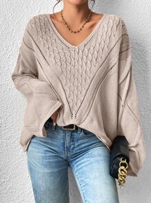 SHEIN Essnce Jersey tejido de cable de cuello V de hombros caídos - Albaricoque - Ver 5