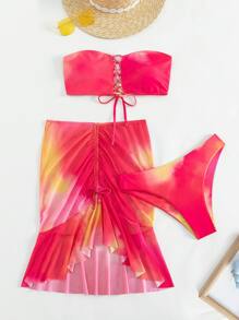 迭染系帶露背泳衣套裝，搭配沙灘裙，適用於夏季沙灘 - 彩色 - 查看 3