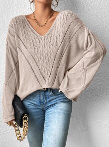 SHEIN Essnce Jersey tejido de cable de cuello V de hombros caídos - Albaricoque - Ver 6