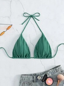 Áo Tops Bikini Nữ Xù Buộc lại màu trơn - màu xanh lá - Xem 3