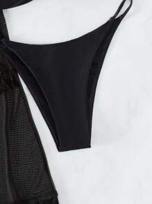 Plain Halter Summer Beach Bikini Set With Cover Up Pants - Black - View 4