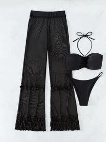 Plain Halter Summer Beach Bikini Set With Cover Up Pants - Black - View 6