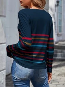 SHEIN LUNE Áo thun nữ Sọc Giải trí - Màu xanh hải quân - Xem 2