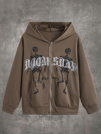 Grunge Punk Capucha con cremallera con letra con estampado de cráneo