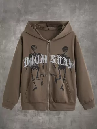 Grunge Punk Capucha con cremallera con letra con estampado de cráneo