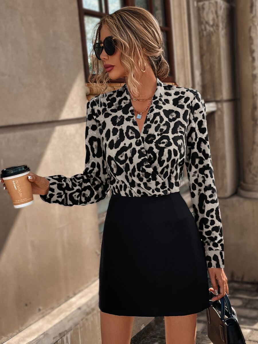 SHEIN LUNE Leopard Print Surplice Neck Fitted Dress - Black and White - View 1
