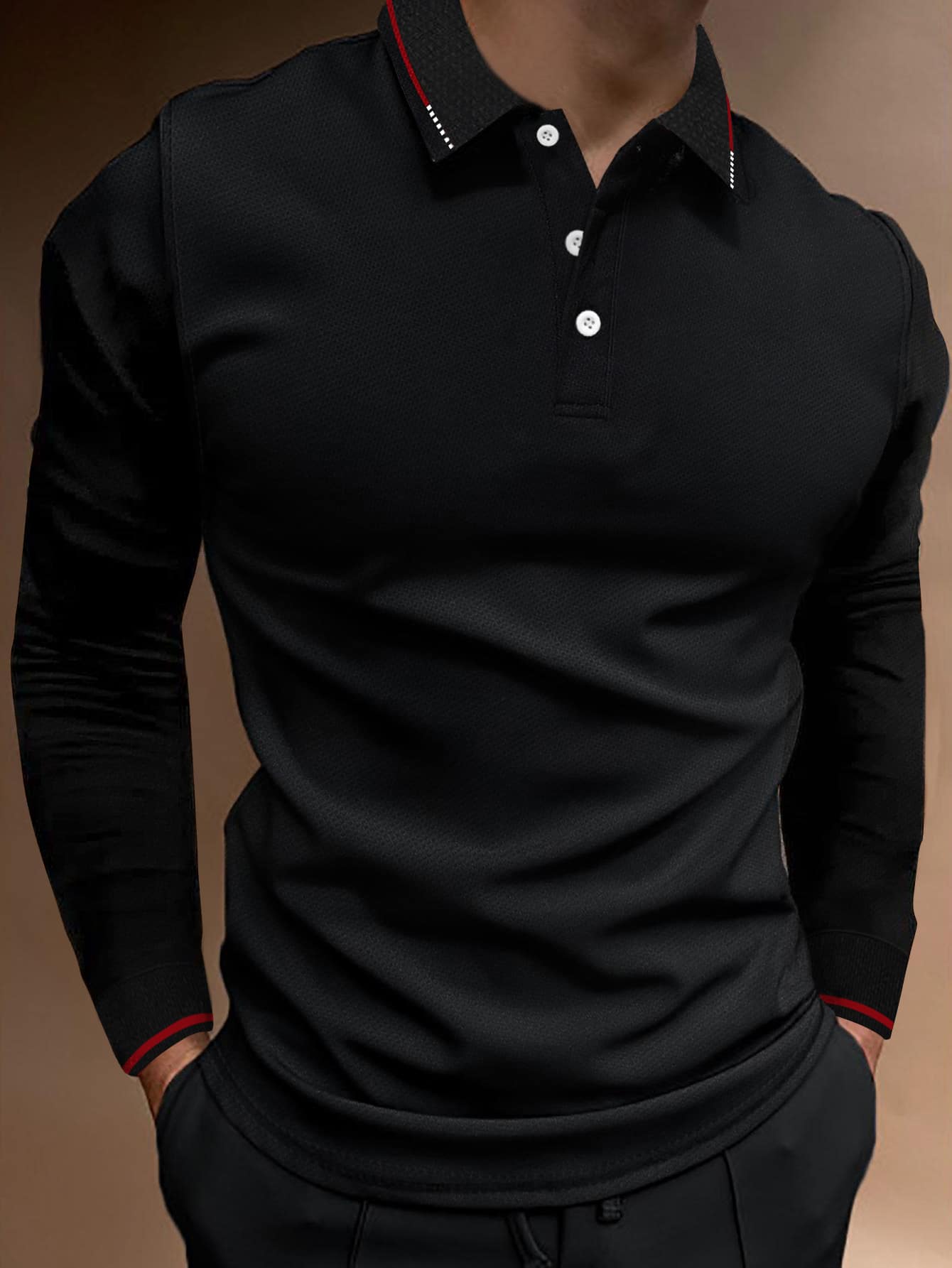 Manfinity Homme เสื้อโปโลแขนยาวทํางานลำลองแบบกระดุมแถบทางสำหรับผู้ชาย, ของขวัญสำหรับแฟน, ฤดูใบไม้ร่วง - สีดำ - ดู 1