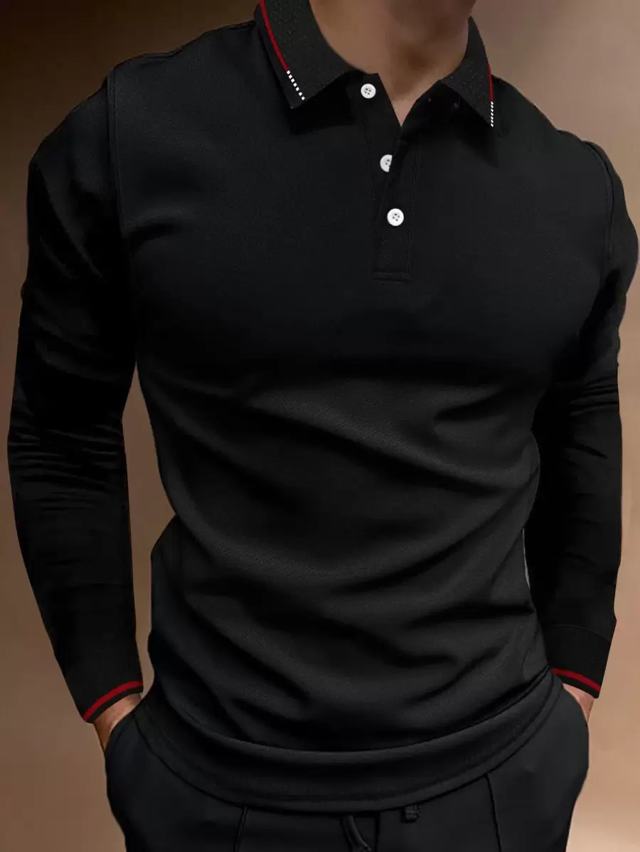 Manfinity Homme Men Striped Trim Button Casual Work Long Sleeve Polo Shirt, Boyfriend Gift,Fall - Black - View 1
