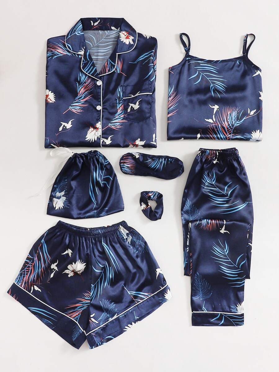 Plus 7pcs Floral Print Satin Pyjama Set - Navy Blue - View 1