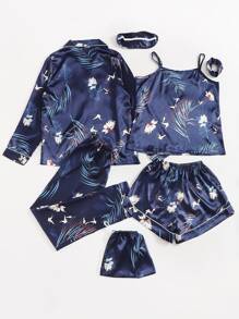 Plus 7pcs Floral Print Satin Pyjama Set - Navy Blue - View 2