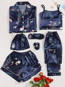 Plus 7pcs Floral Print Satin Pyjama Set - Navy Blue - View 3