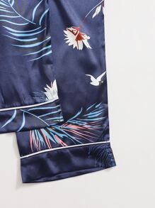 Plus 7pcs Floral Print Satin Pyjama Set - Navy Blue - View 4