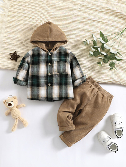 SHEIN Baby Boy Plaid Print Hooded Shirt & Pants, For Christmas