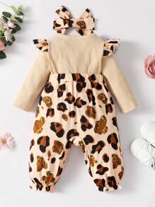 SHEIN Mono De Leopardo Con Ribete De Volantes Y Lazo Para Bebé Niña Y Diadema - Albaricoque - Ver 2